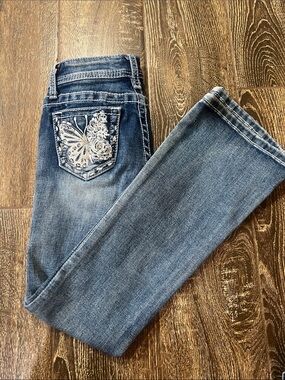 Girls Grace Blue Denim Jeans with Embroidered Butterfly Pocket